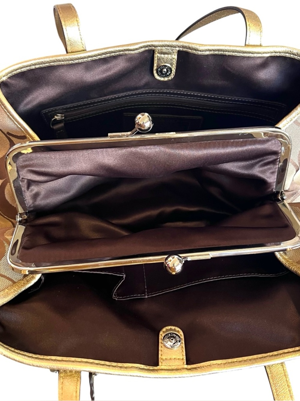 Coach Khaki Gold Y2K Vintage Kisslock Signature Stripe Framed Carryall Tote Bag - Picture 12 of 15